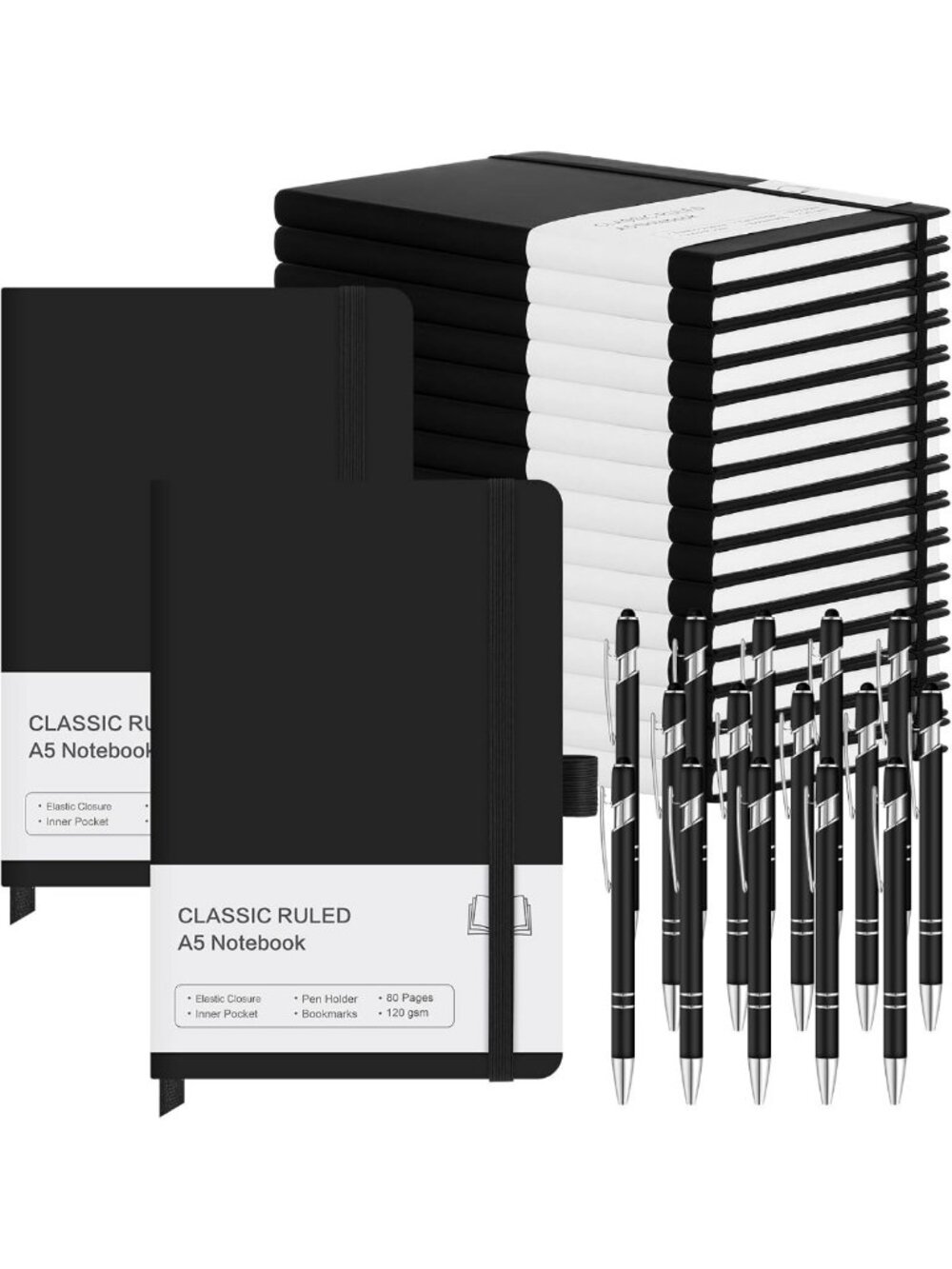 15-Pack A5 Hardcover Journal Notebooks with Pen Holder & 15 Pens for School